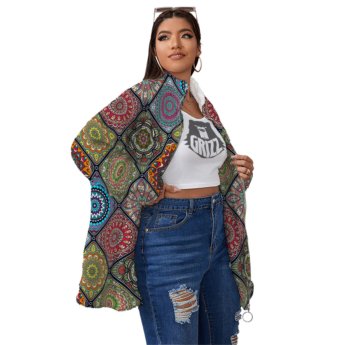 Bohemian Mandala Retro Print Pattern Women's Sherpa Jacket-grizzshop