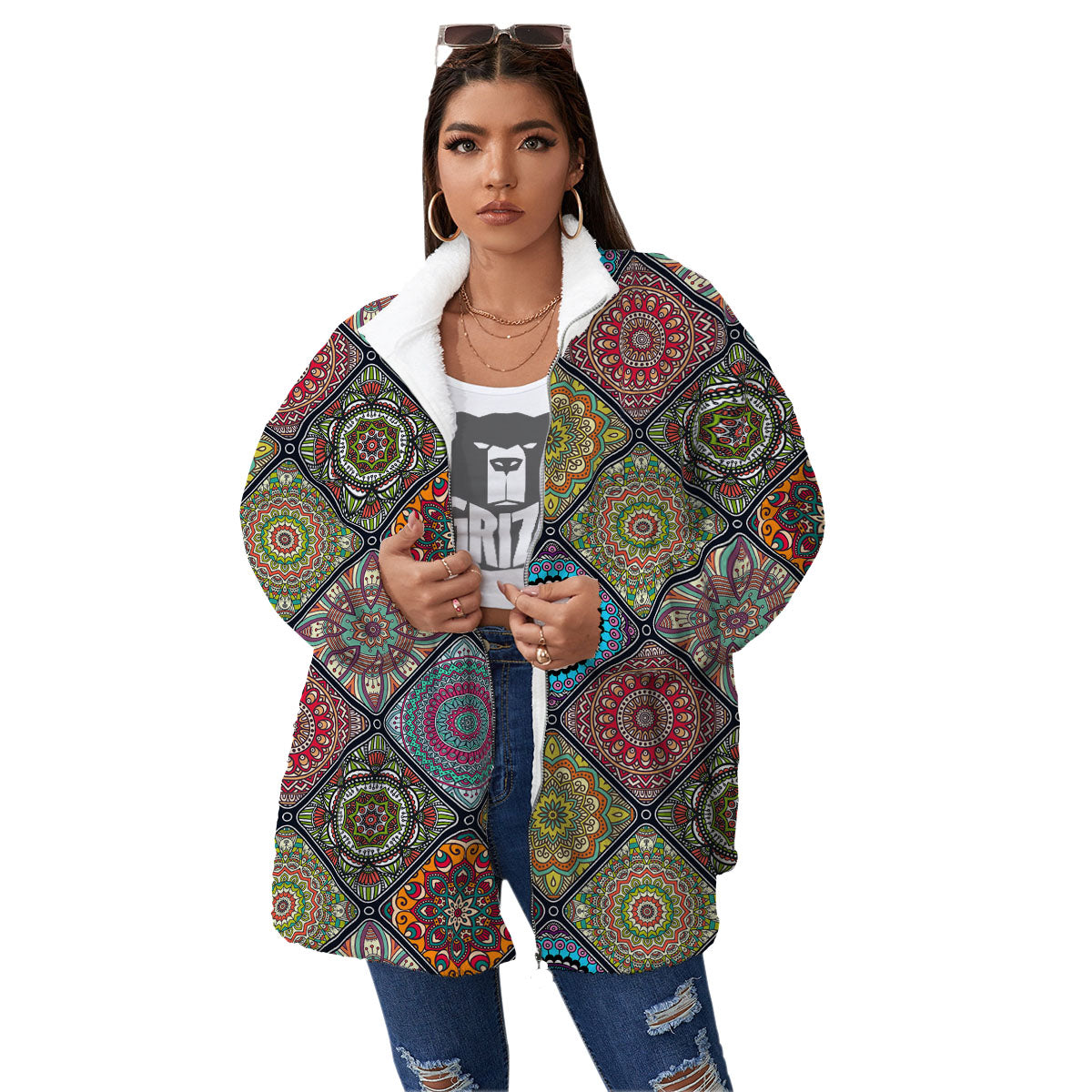 Bohemian Mandala Retro Print Pattern Women's Sherpa Jacket-grizzshop