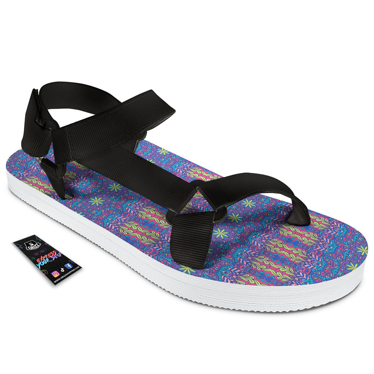 Bohemian Mandala Star Print Pattern Black Open Toe Sandals-grizzshop