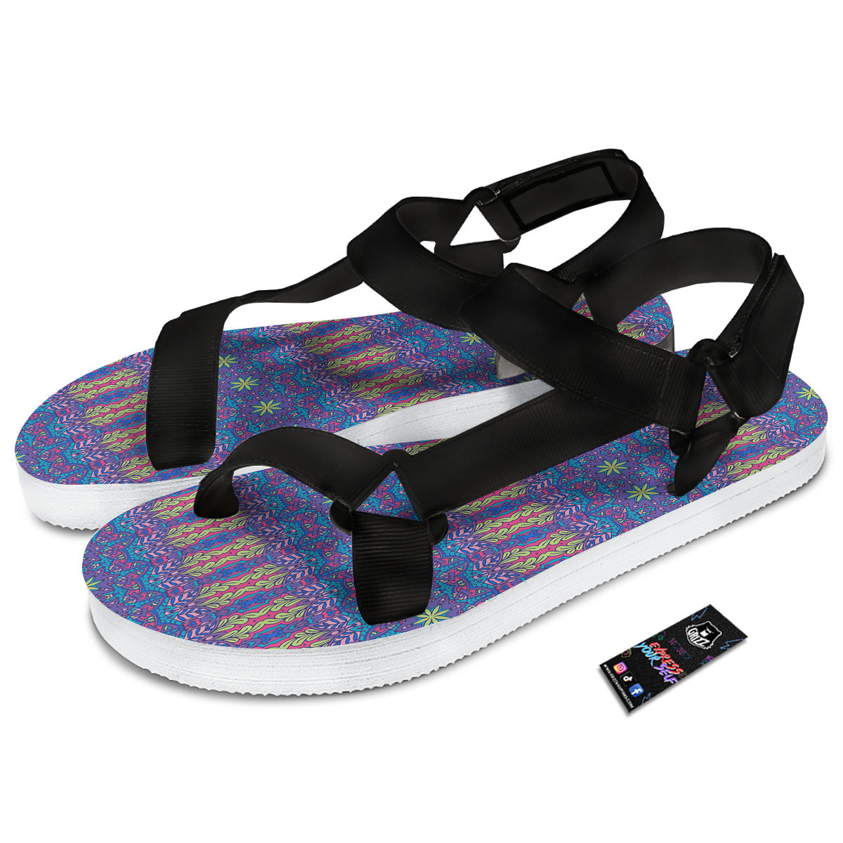Bohemian Mandala Star Print Pattern Black Open Toe Sandals-grizzshop