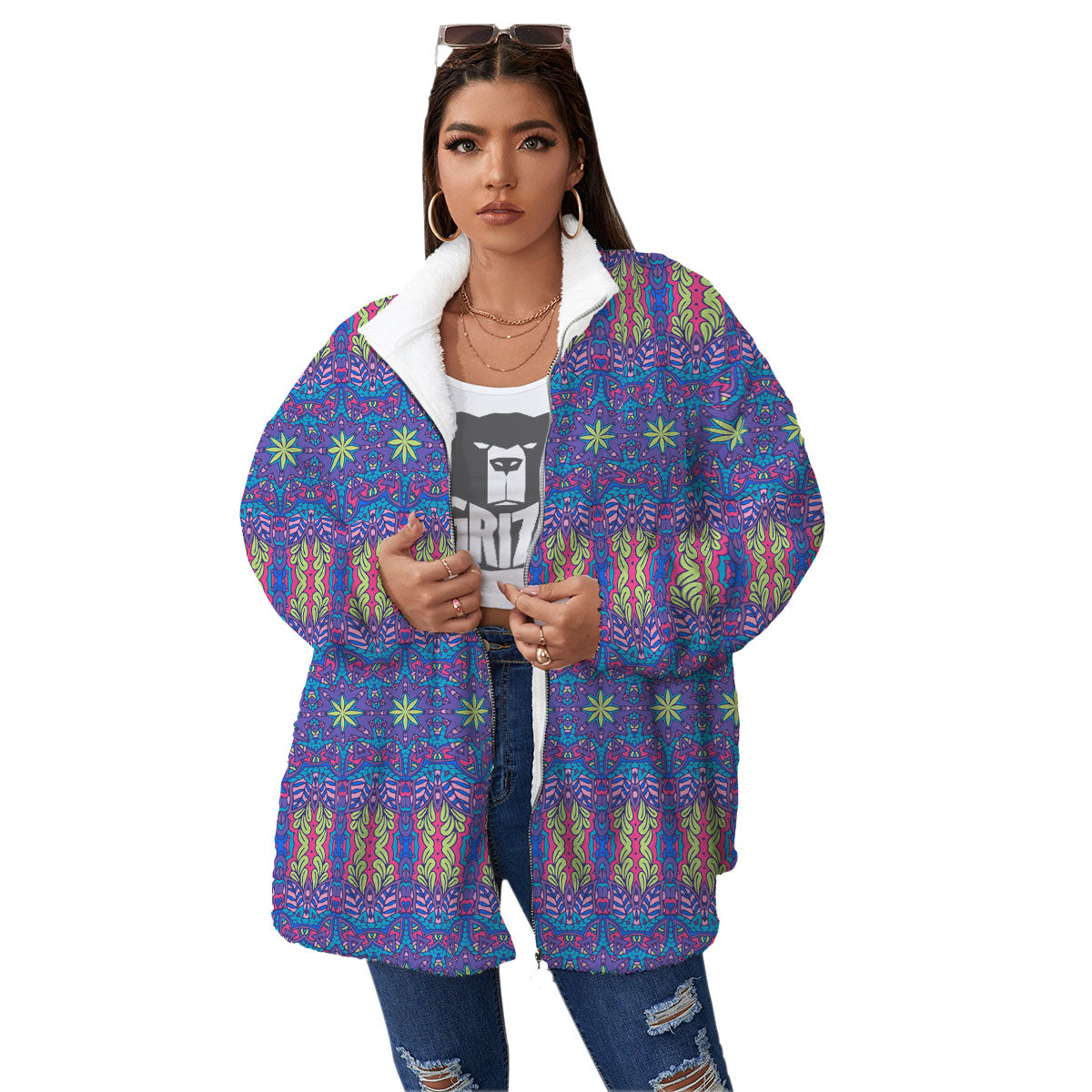 Bohemian Mandala Star Print Pattern Women's Sherpa Jacket-grizzshop