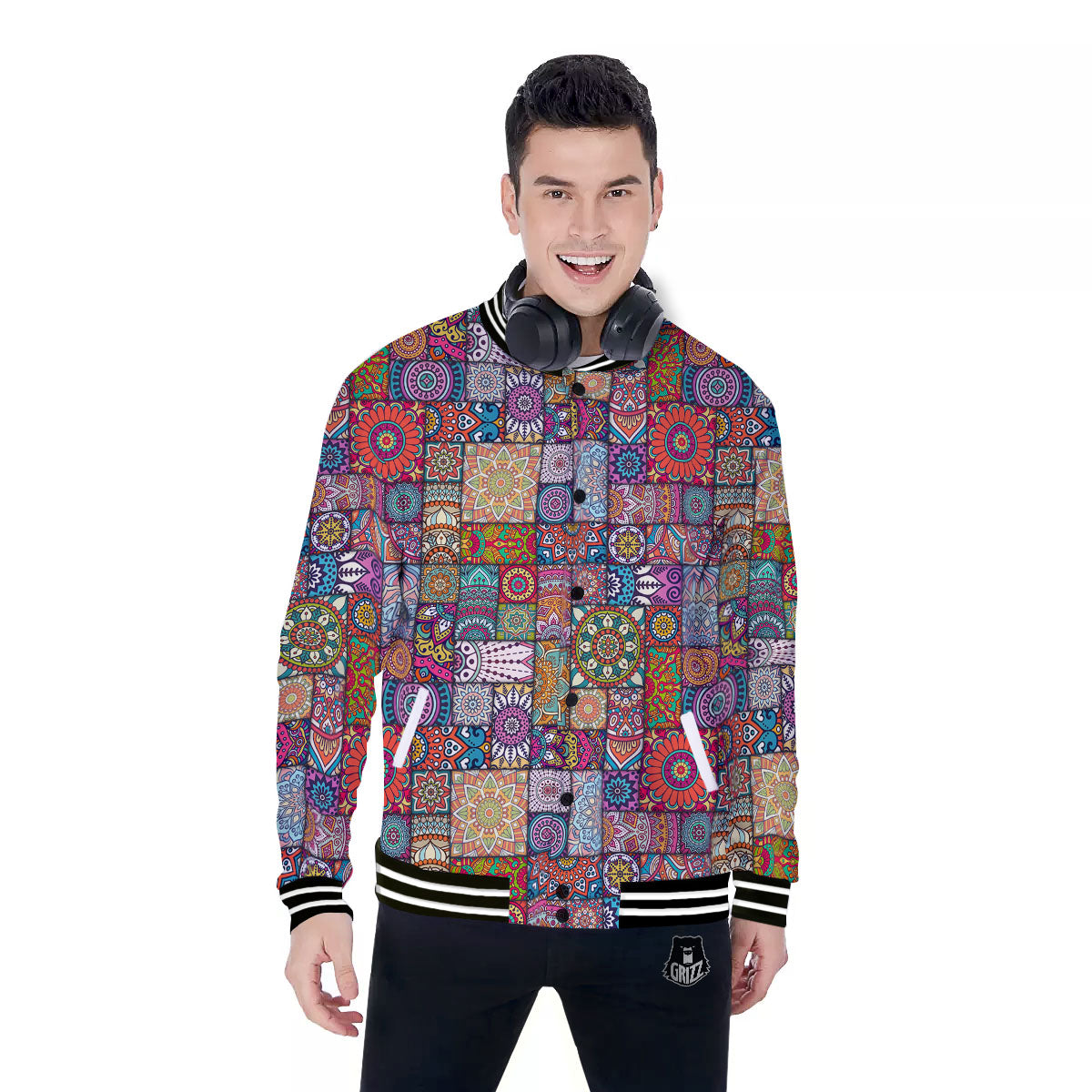 Bohemian Mandala Tile Print Pattern Baseball Jacket-grizzshop