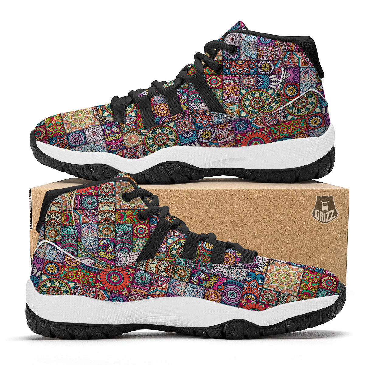 Bohemian Mandala Tile Print Pattern Black Bball Shoes-grizzshop