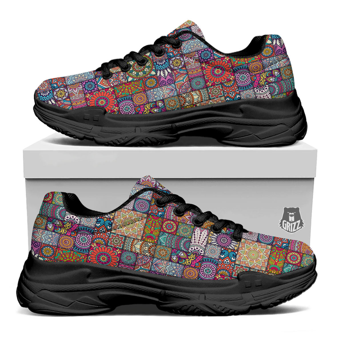 Bohemian Mandala Tile Print Pattern Black Chunky Shoes-grizzshop