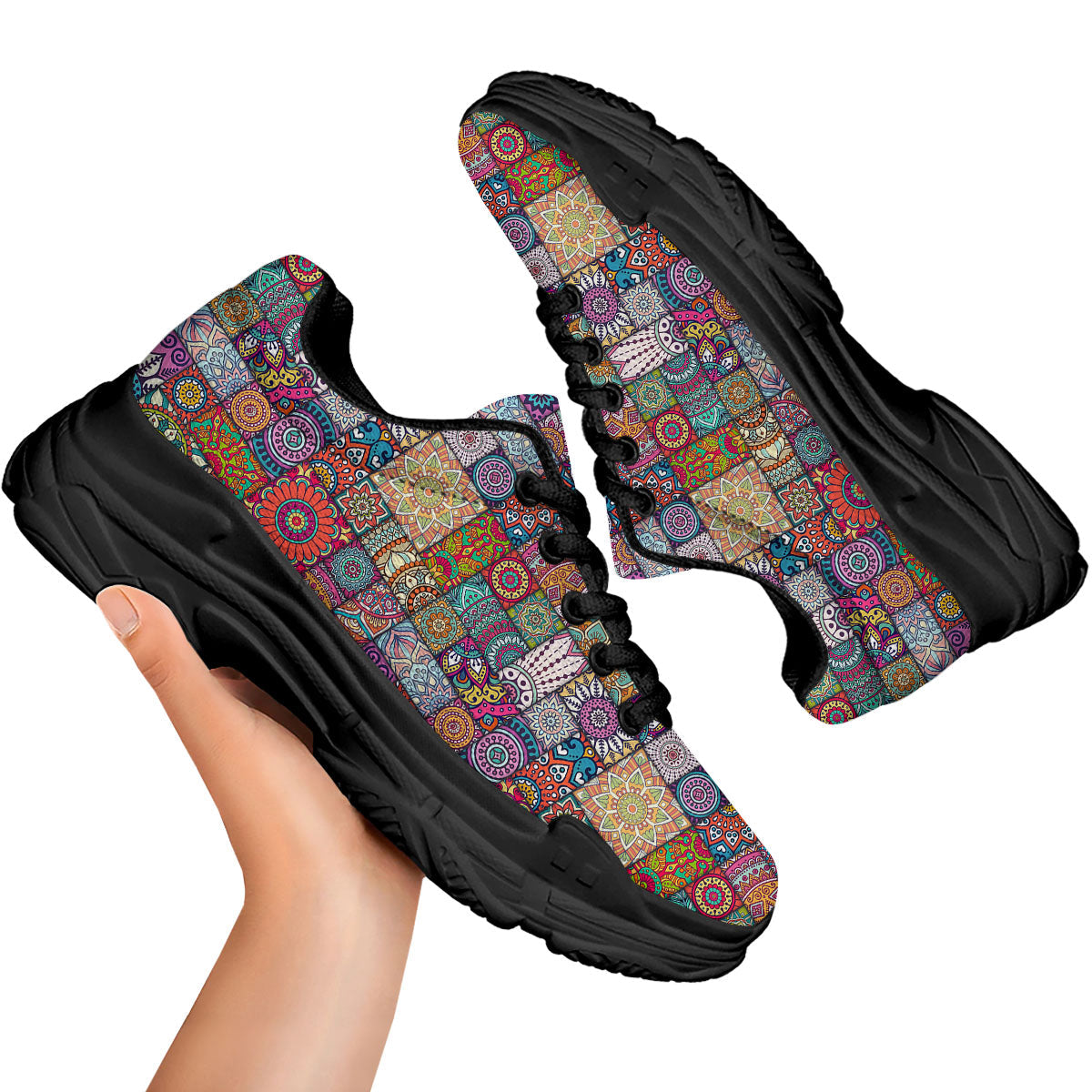 Bohemian Mandala Tile Print Pattern Black Chunky Shoes-grizzshop