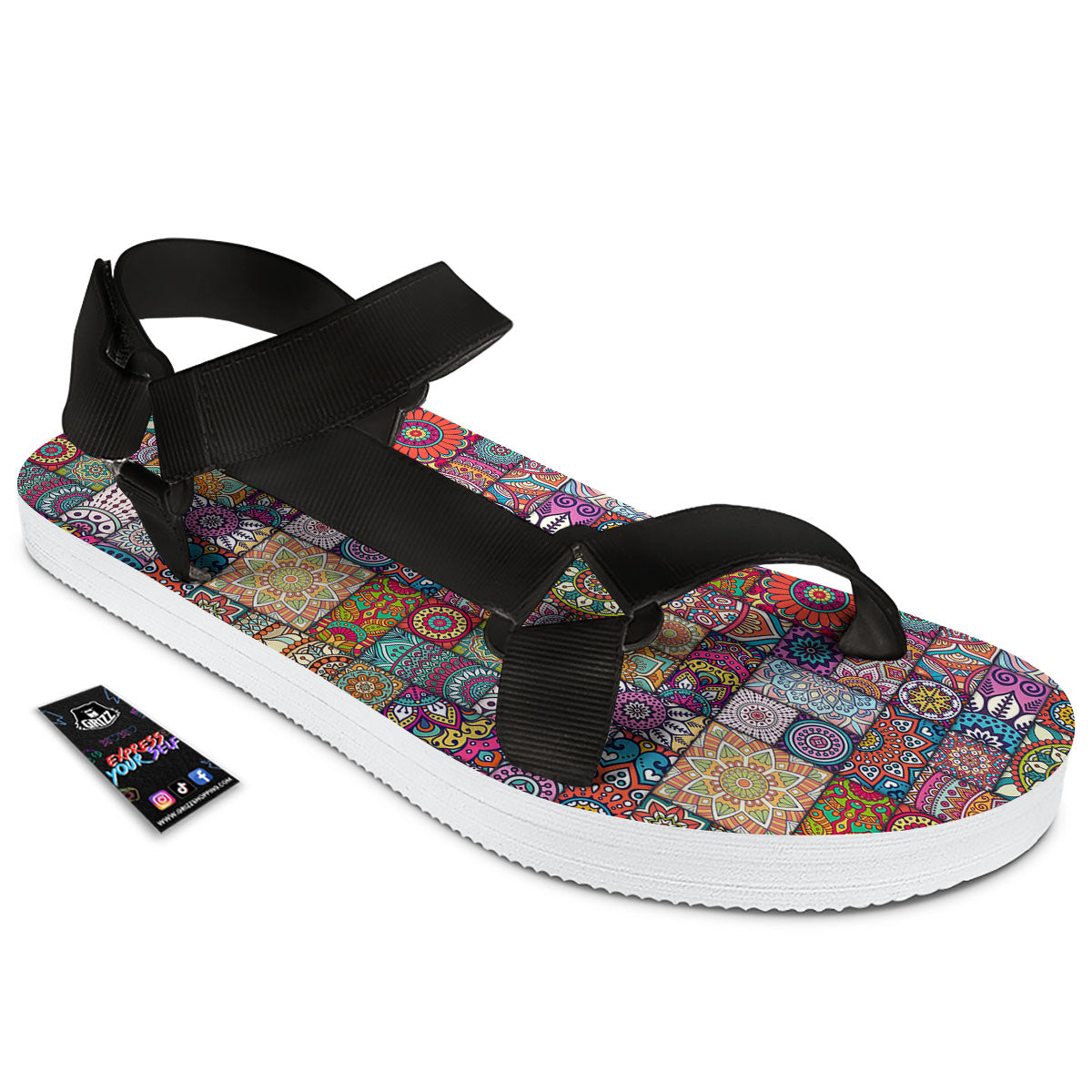 Bohemian Mandala Tile Print Pattern Black Open Toe Sandals-grizzshop