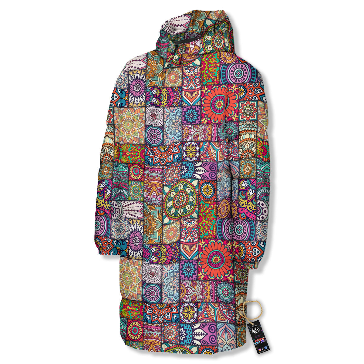 Bohemian Mandala Tile Print Pattern Long Down Jacket-grizzshop
