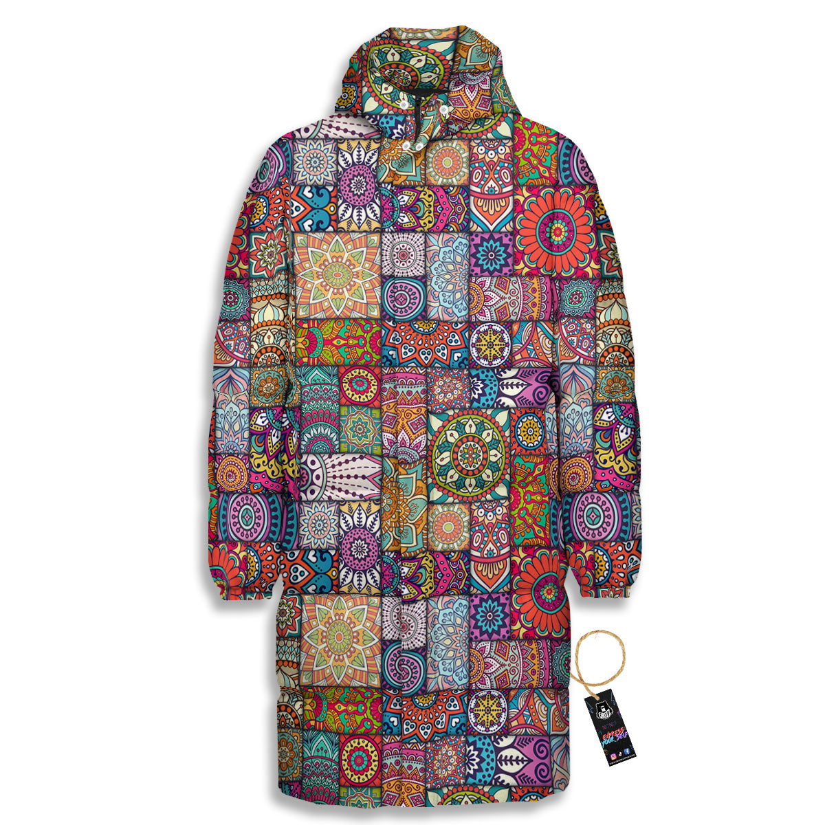 Bohemian Mandala Tile Print Pattern Long Down Jacket-grizzshop