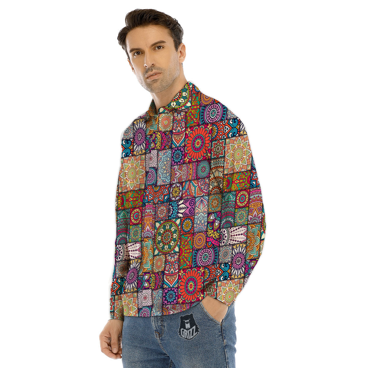 Bohemian Mandala Tile Print Pattern Men's Dress Shirts-grizzshop