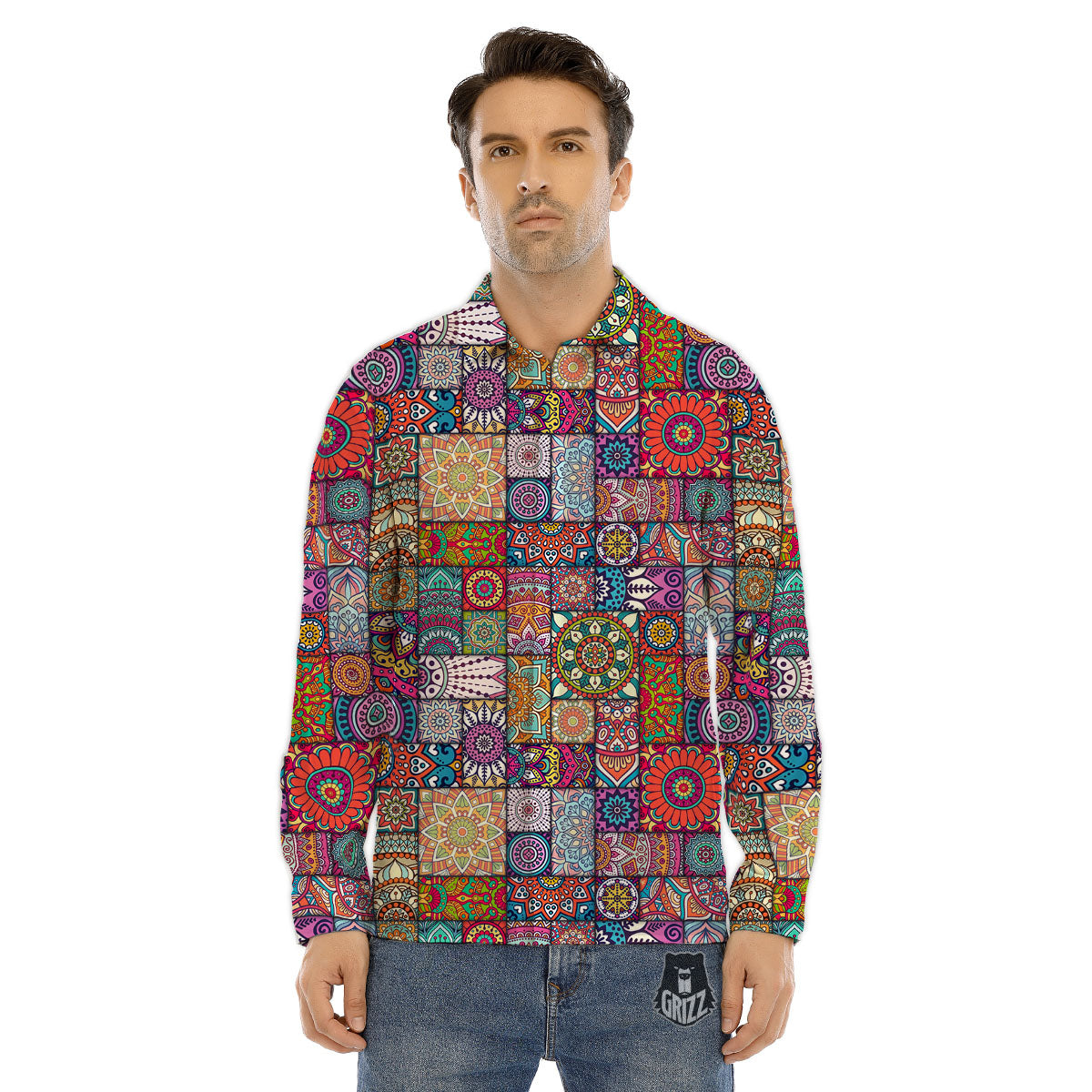 Bohemian Mandala Tile Print Pattern Men's Dress Shirts-grizzshop