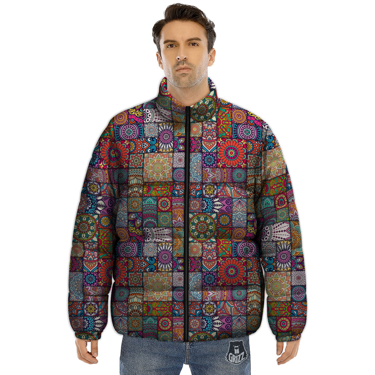 Bohemian Mandala Tile Print Pattern Puffer Jacket-grizzshop