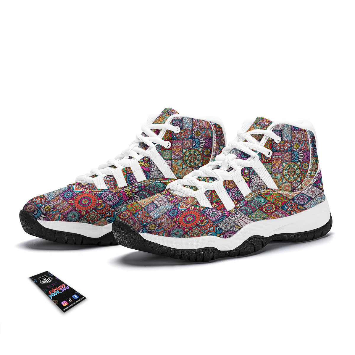 Bohemian Mandala Tile Print Pattern White Bball Shoes-grizzshop