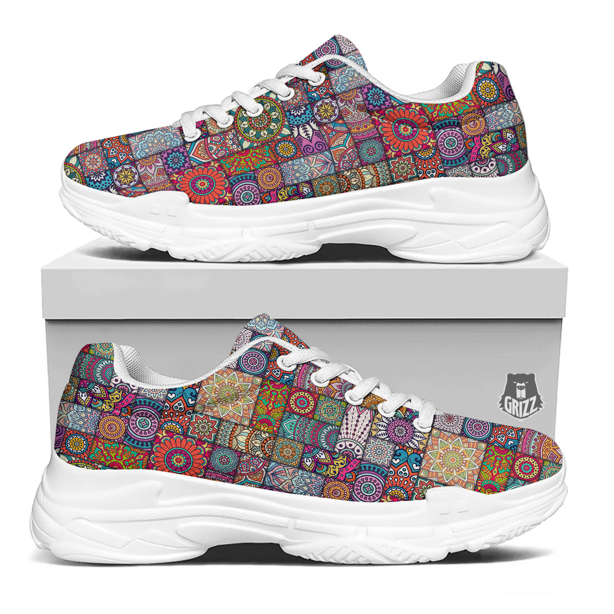 Bohemian Mandala Tile Print Pattern White Chunky Shoes-grizzshop