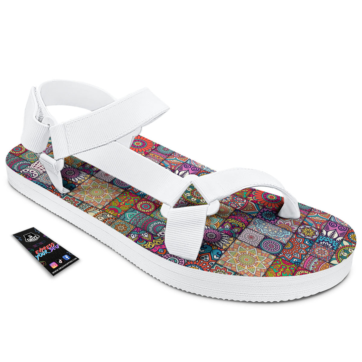 Bohemian Mandala Tile Print Pattern White Open Toe Sandals-grizzshop