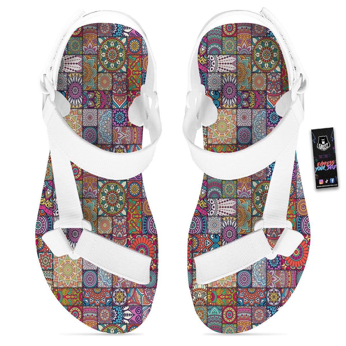 Bohemian Mandala Tile Print Pattern White Open Toe Sandals-grizzshop