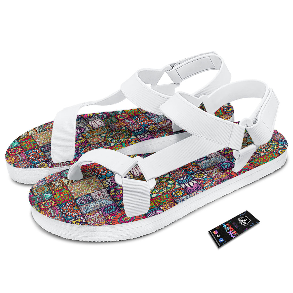 Bohemian Mandala Tile Print Pattern White Open Toe Sandals-grizzshop