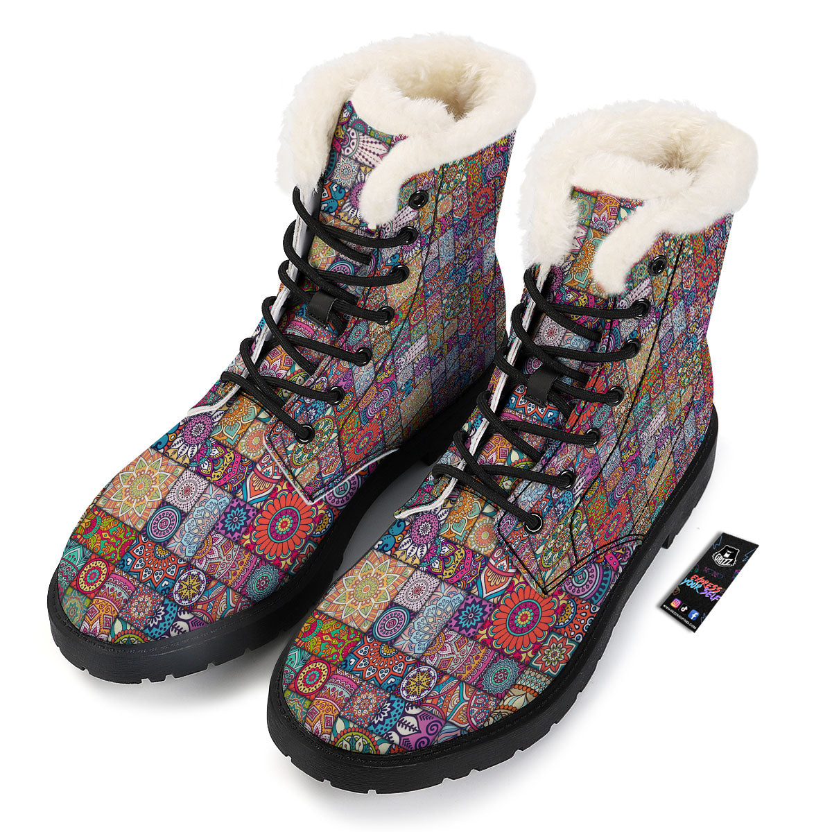 Bohemian Mandala Tile Print Pattern Winter Boots-grizzshop
