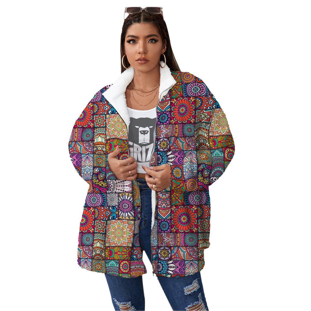 Bohemian Mandala Tile Print Pattern Women's Sherpa Jacket-grizzshop
