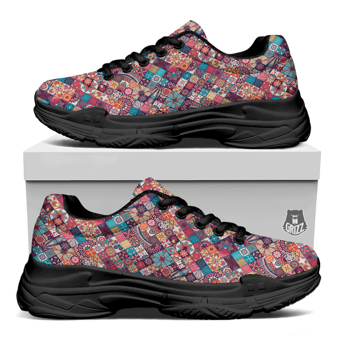 Bohemian Mandala Vintage Print Pattern Black Chunky Shoes-grizzshop