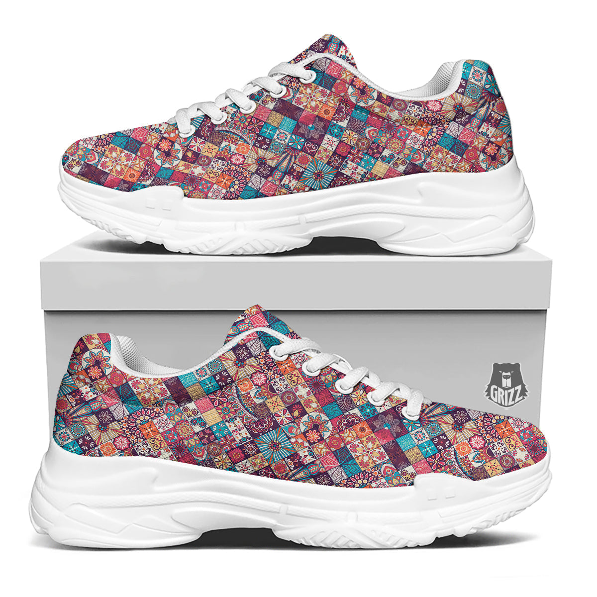 Bohemian Mandala Vintage Print Pattern White Chunky Shoes-grizzshop