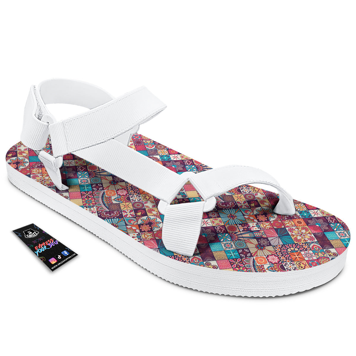 Bohemian Mandala Vintage Print Pattern White Open Toe Sandals-grizzshop