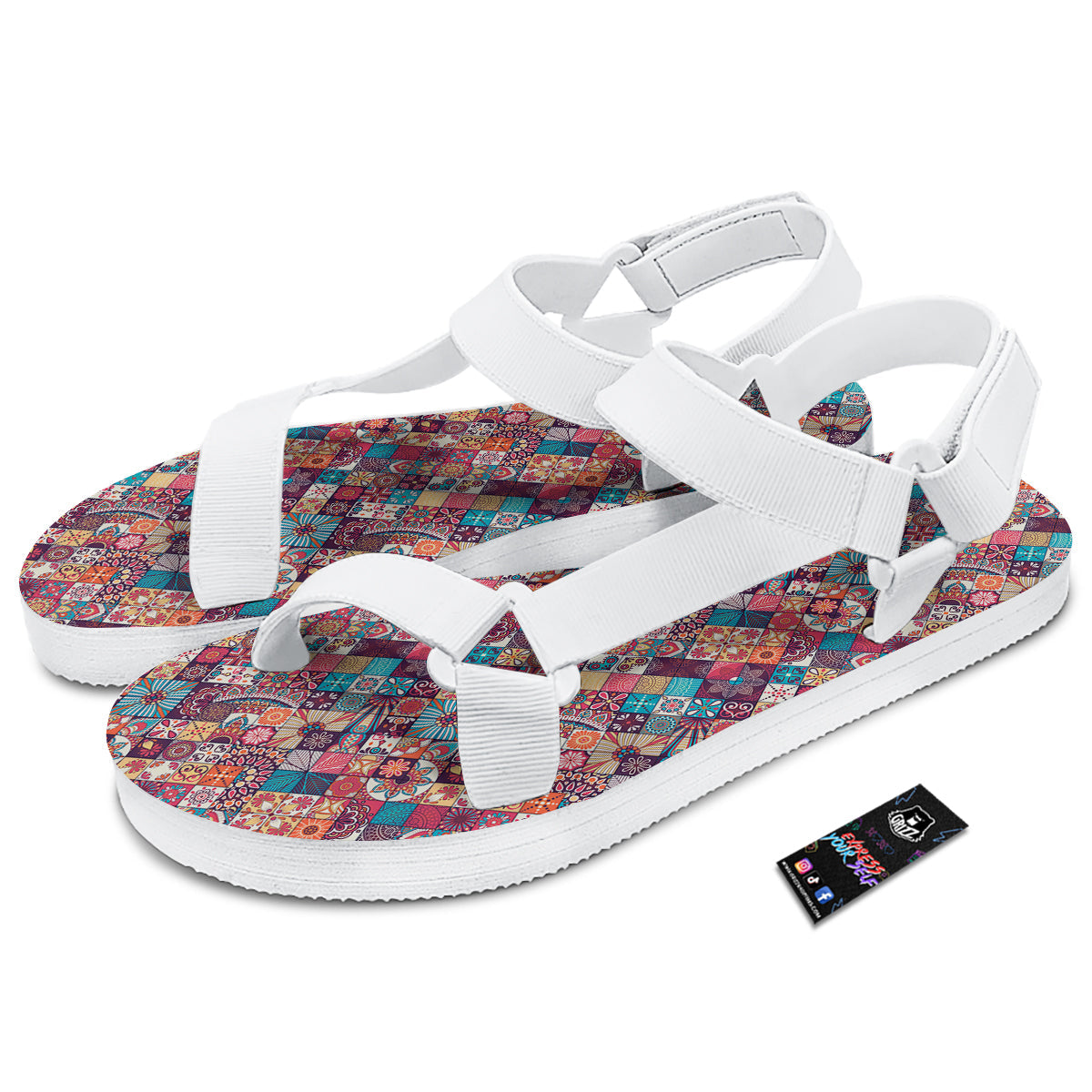 Bohemian Mandala Vintage Print Pattern White Open Toe Sandals-grizzshop