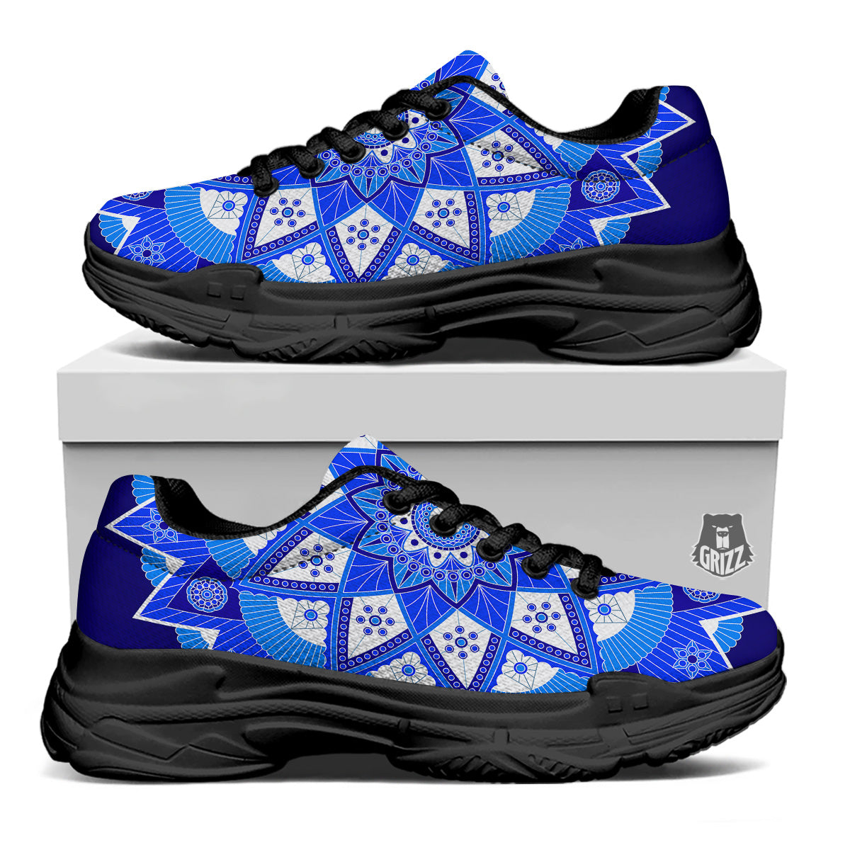 Bohemian Mandala White And Blue Print Black Chunky Shoes-grizzshop