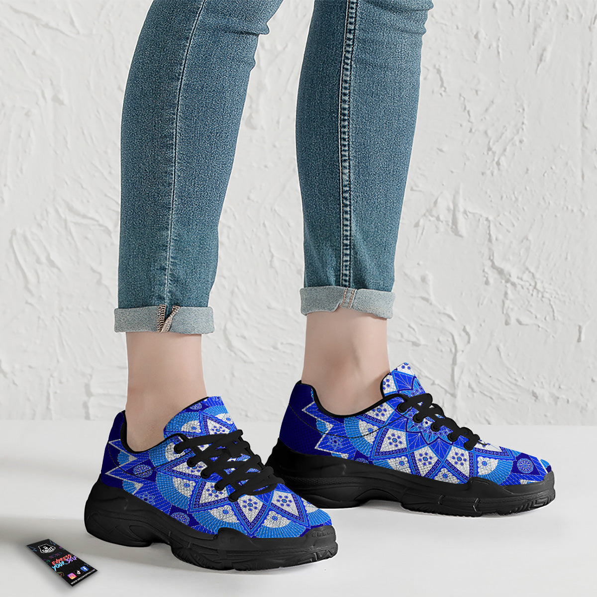 Bohemian Mandala White And Blue Print Black Chunky Shoes-grizzshop