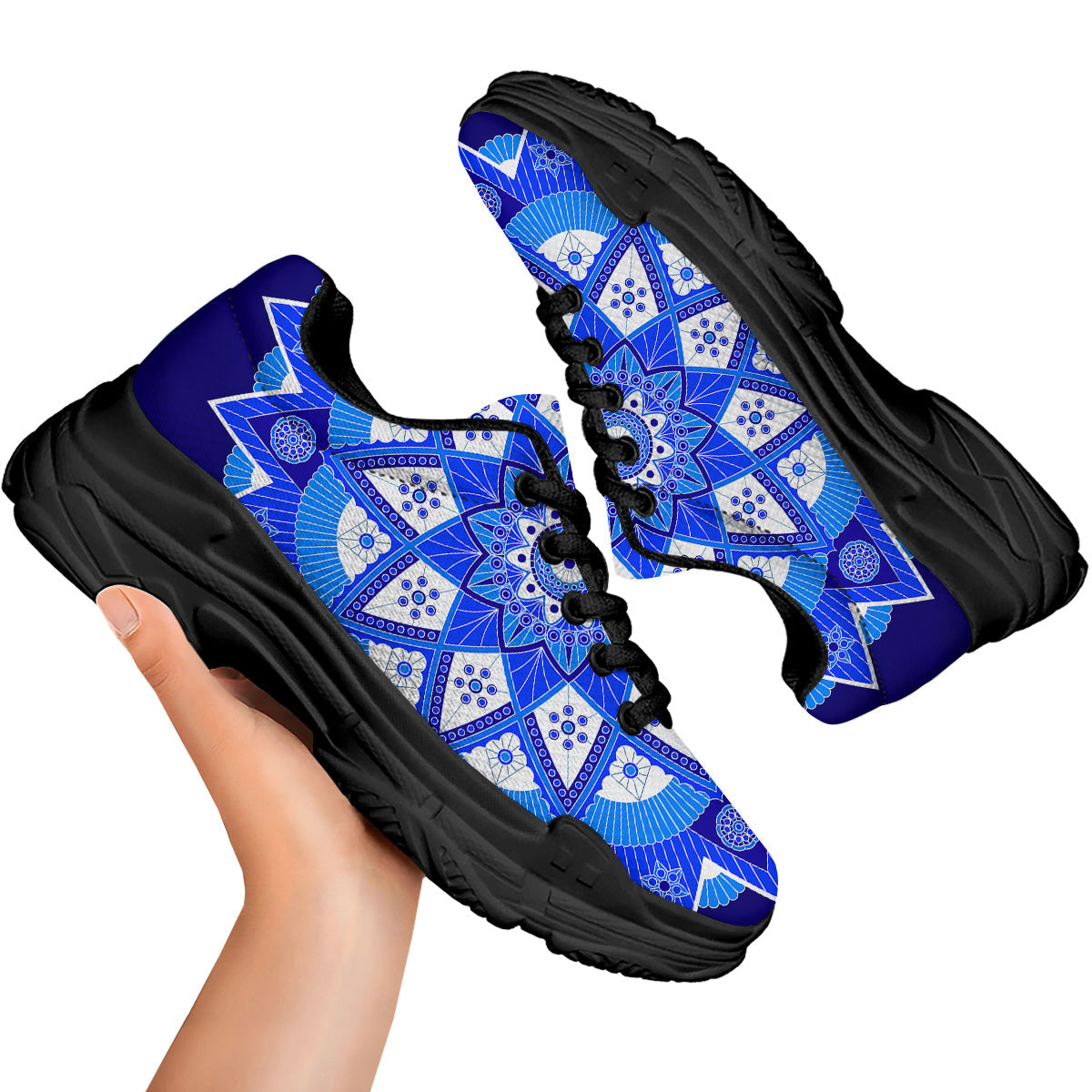 Bohemian Mandala White And Blue Print Black Chunky Shoes-grizzshop
