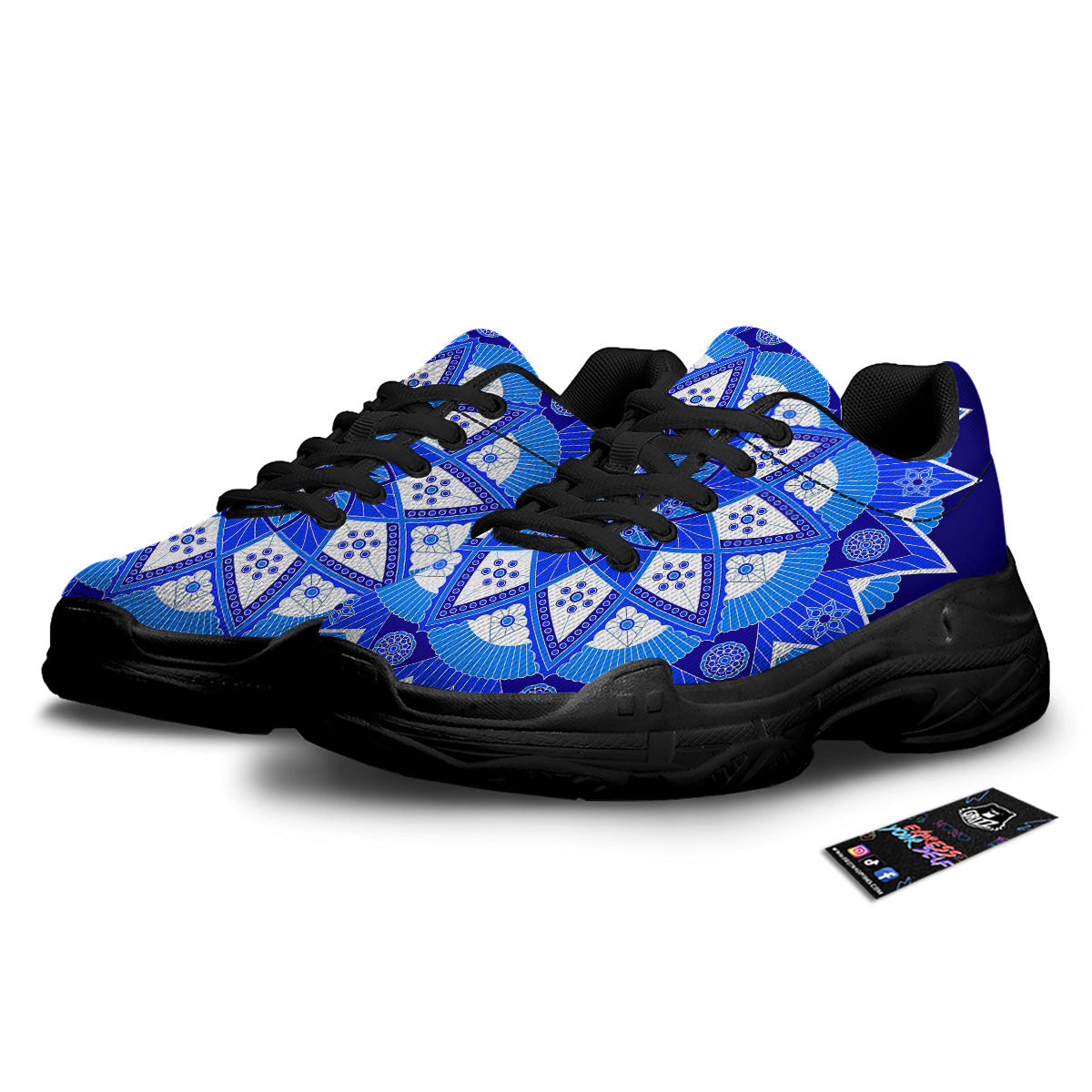 Bohemian Mandala White And Blue Print Black Chunky Shoes-grizzshop