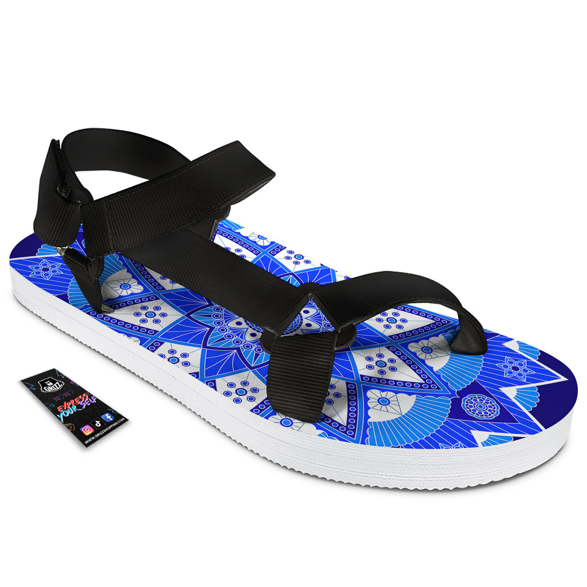 Bohemian Mandala White And Blue Print Black Open Toe Sandals-grizzshop