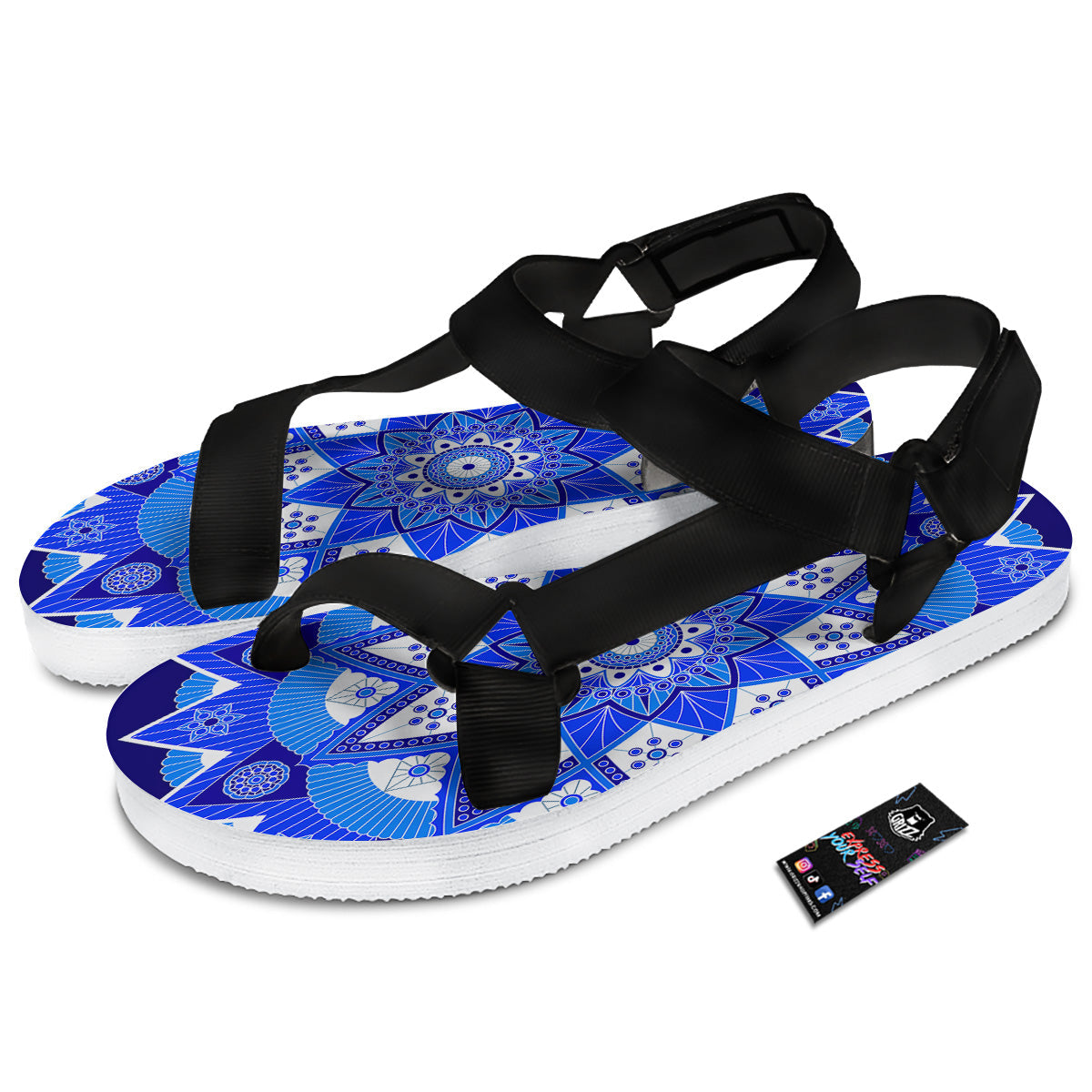 Bohemian Mandala White And Blue Print Black Open Toe Sandals-grizzshop