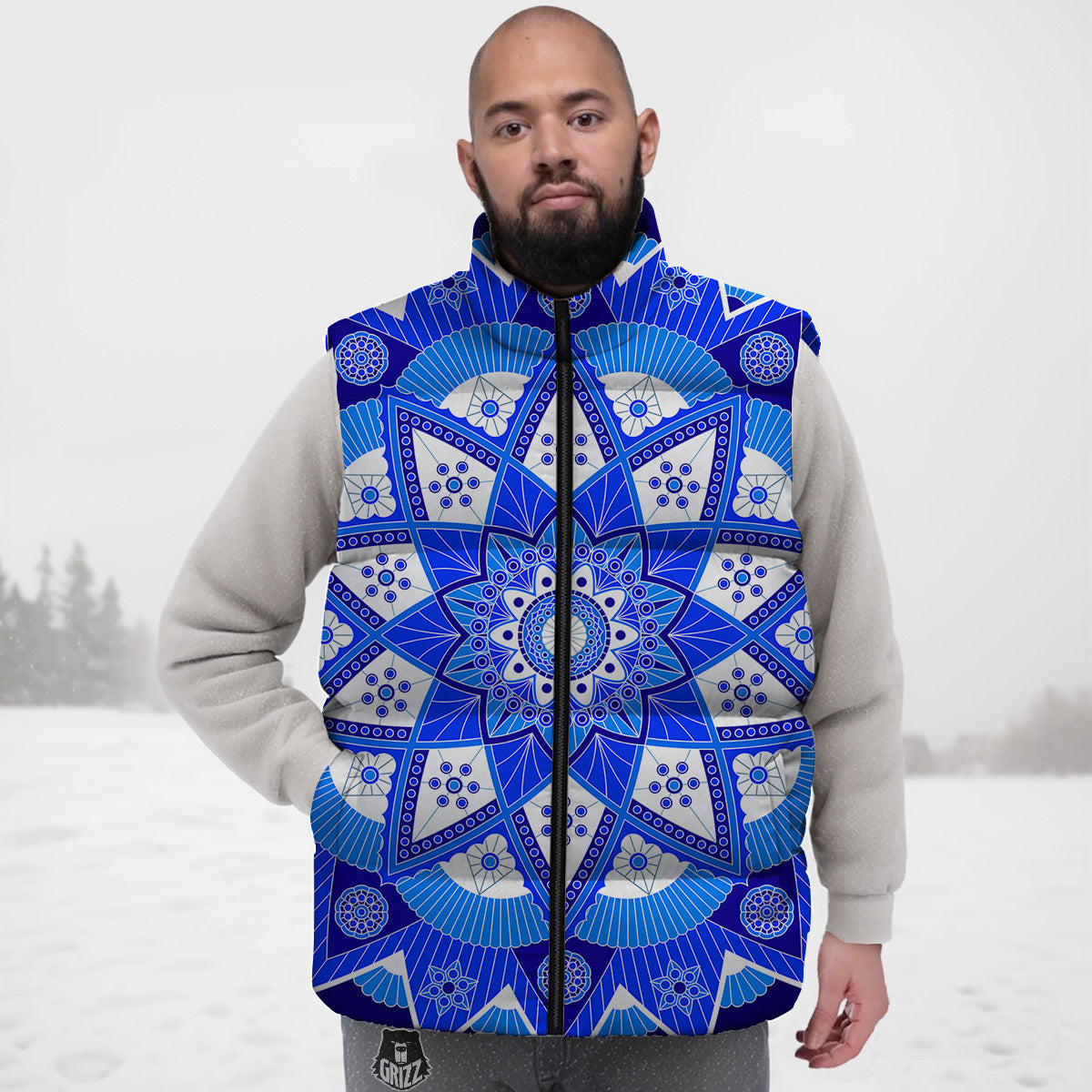 Bohemian Mandala White And Blue Print Down Vest