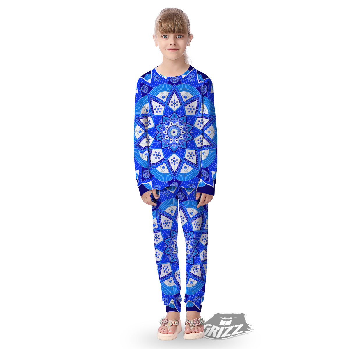 Bohemian Mandala White And Blue Print Kid's Pajamas-grizzshop