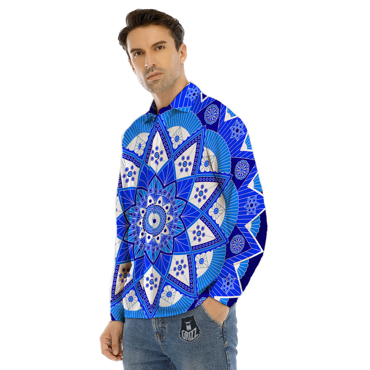 Bohemian Mandala White And Blue Print Men's Dress Shirts-grizzshop