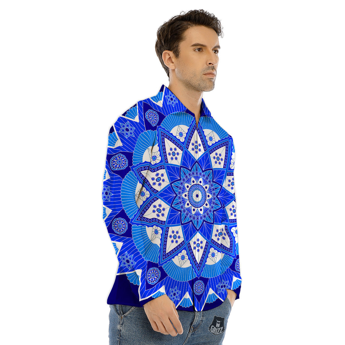 Bohemian Mandala White And Blue Print Men's Dress Shirts-grizzshop