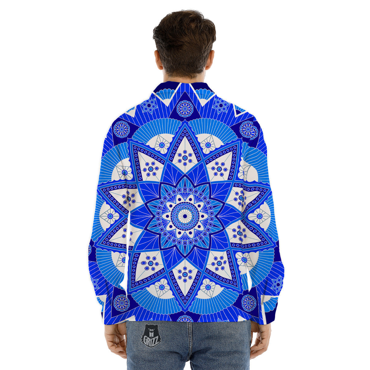 Bohemian Mandala White And Blue Print Men's Dress Shirts-grizzshop
