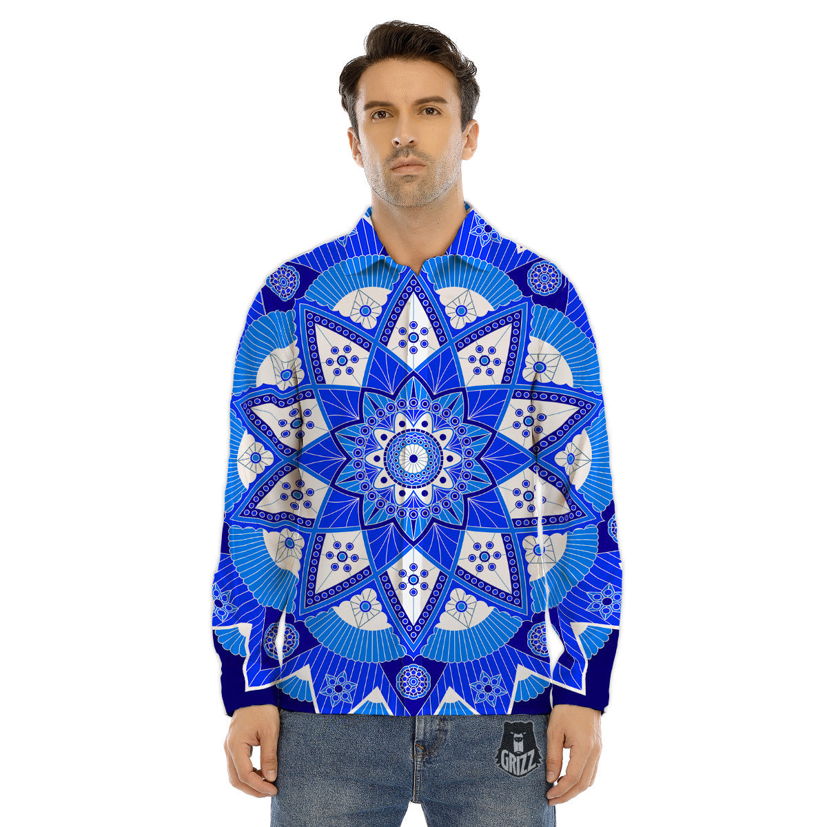 Bohemian Mandala White And Blue Print Men's Dress Shirts-grizzshop