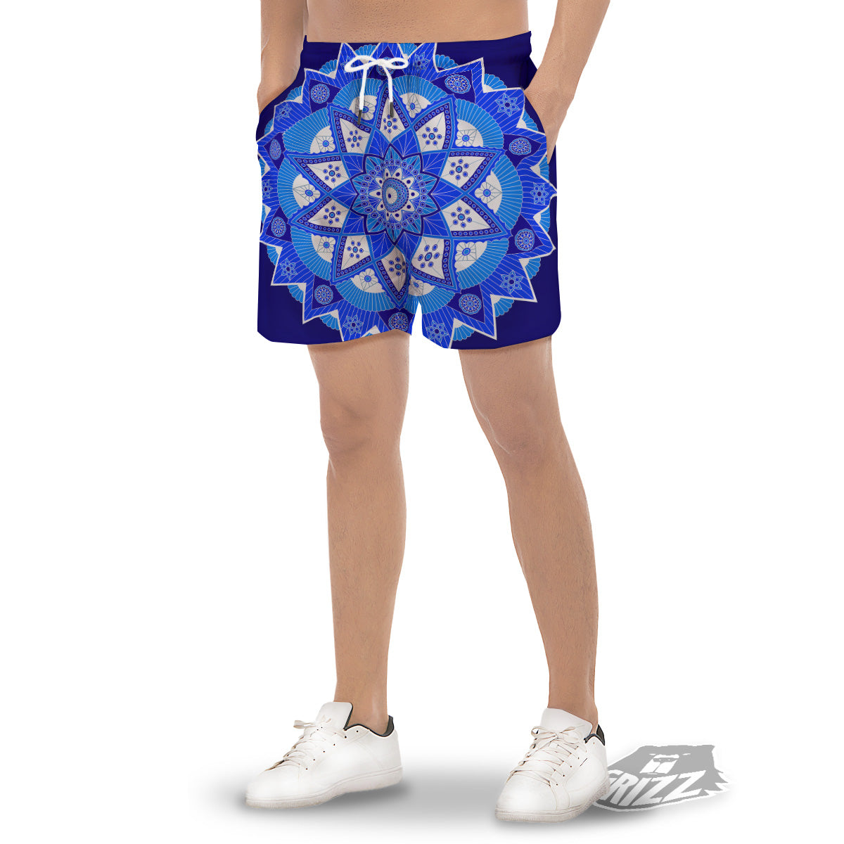 Bohemian Mandala White And Blue Print Men's Gym Shorts-grizzshop