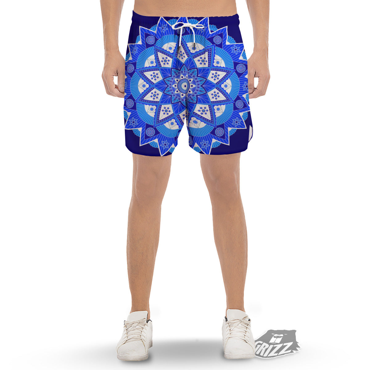 Bohemian Mandala White And Blue Print Men's Gym Shorts-grizzshop