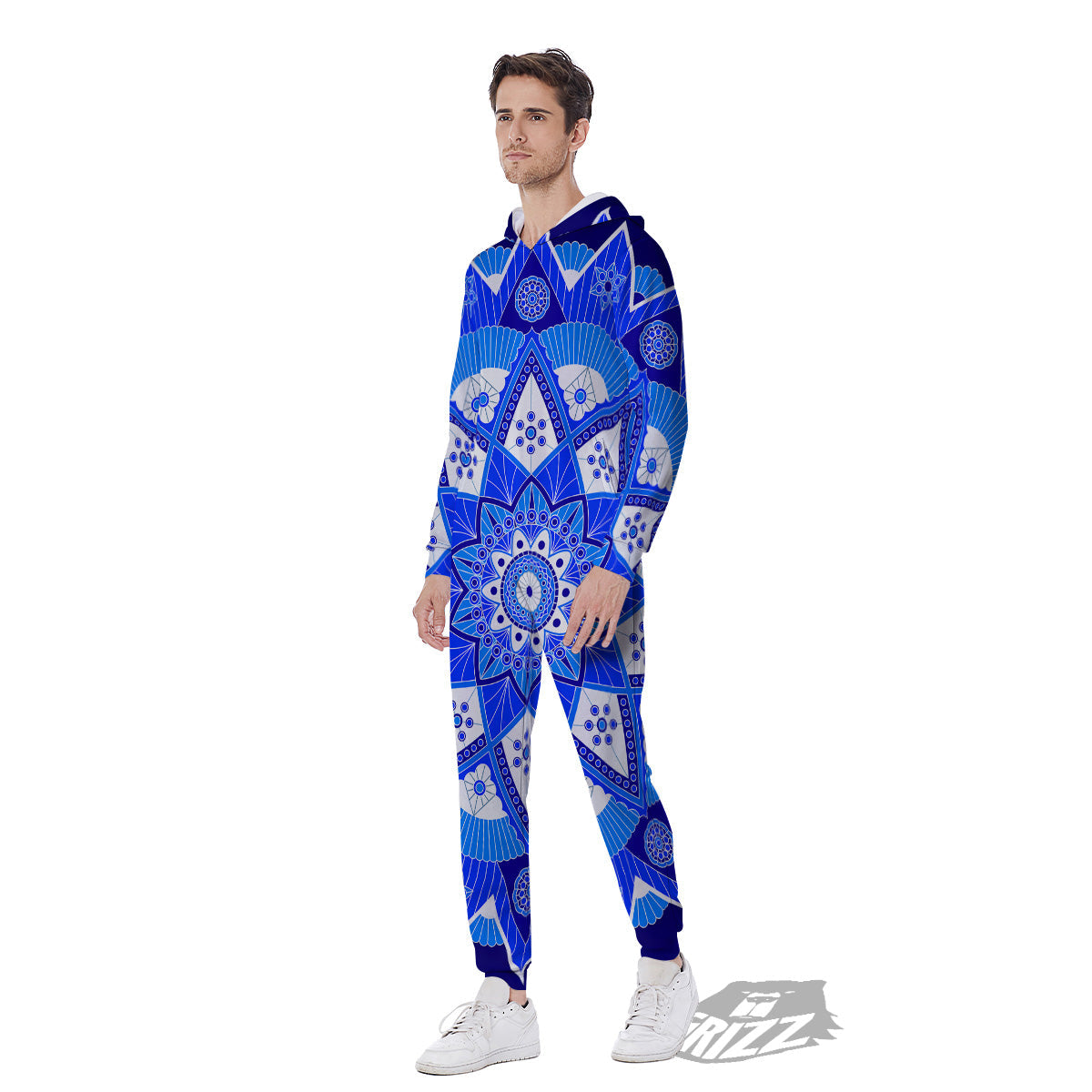 Bohemian Mandala White And Blue Print Men's Jumpsuit-grizzshop