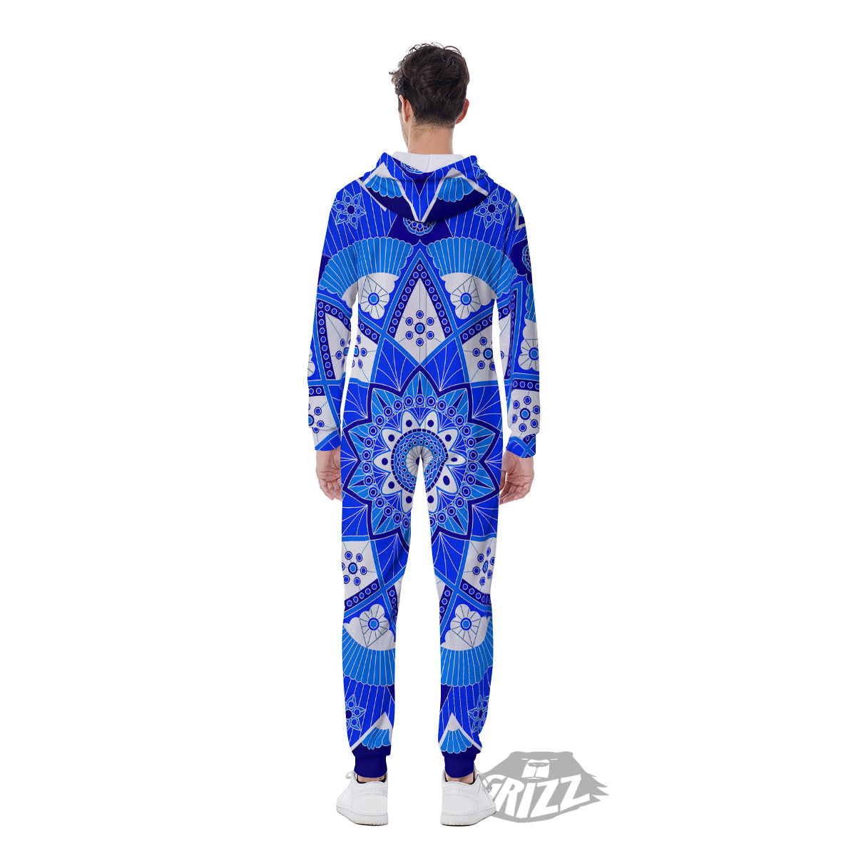 Bohemian Mandala White And Blue Print Men's Jumpsuit-grizzshop