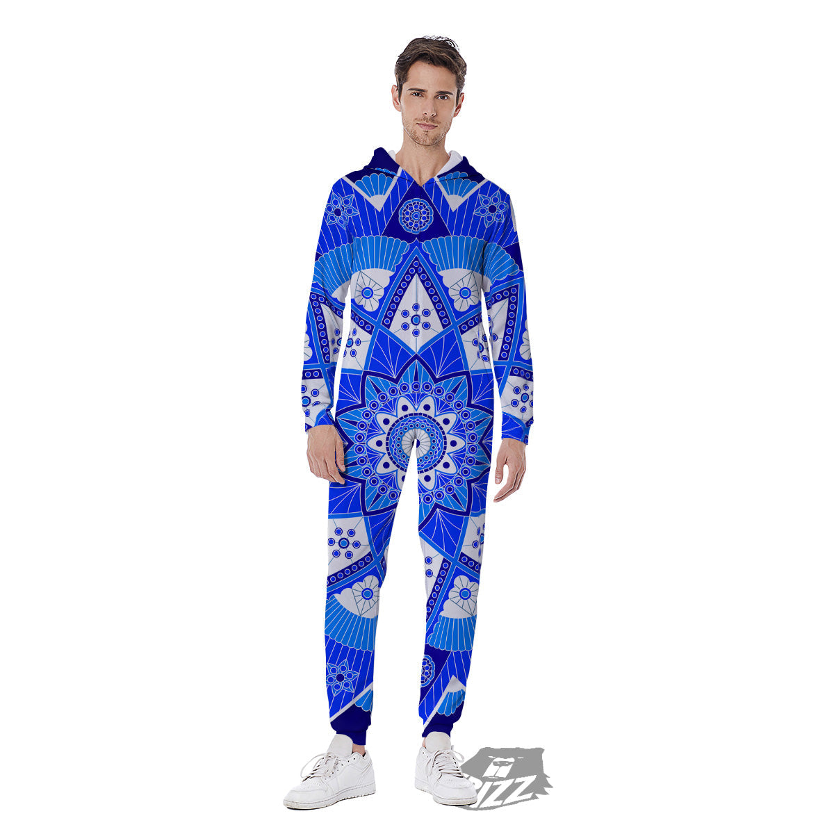 Bohemian Mandala White And Blue Print Men's Jumpsuit-grizzshop