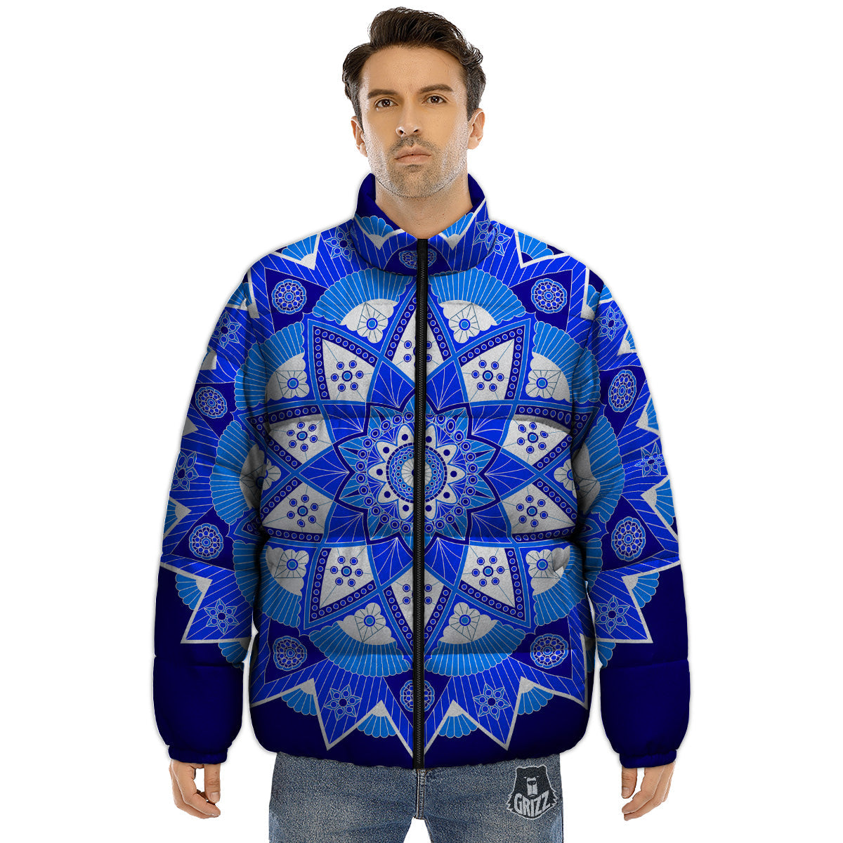Bohemian Mandala White And Blue Print Puffer Jacket-grizzshop