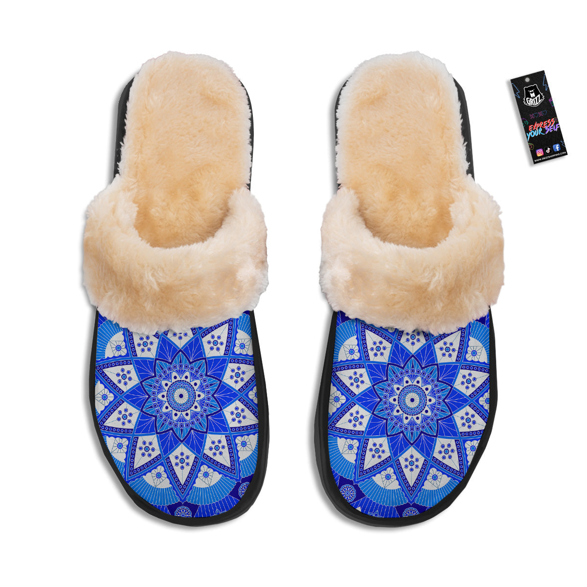 Bohemian Mandala White And Blue Print Slippers-grizzshop