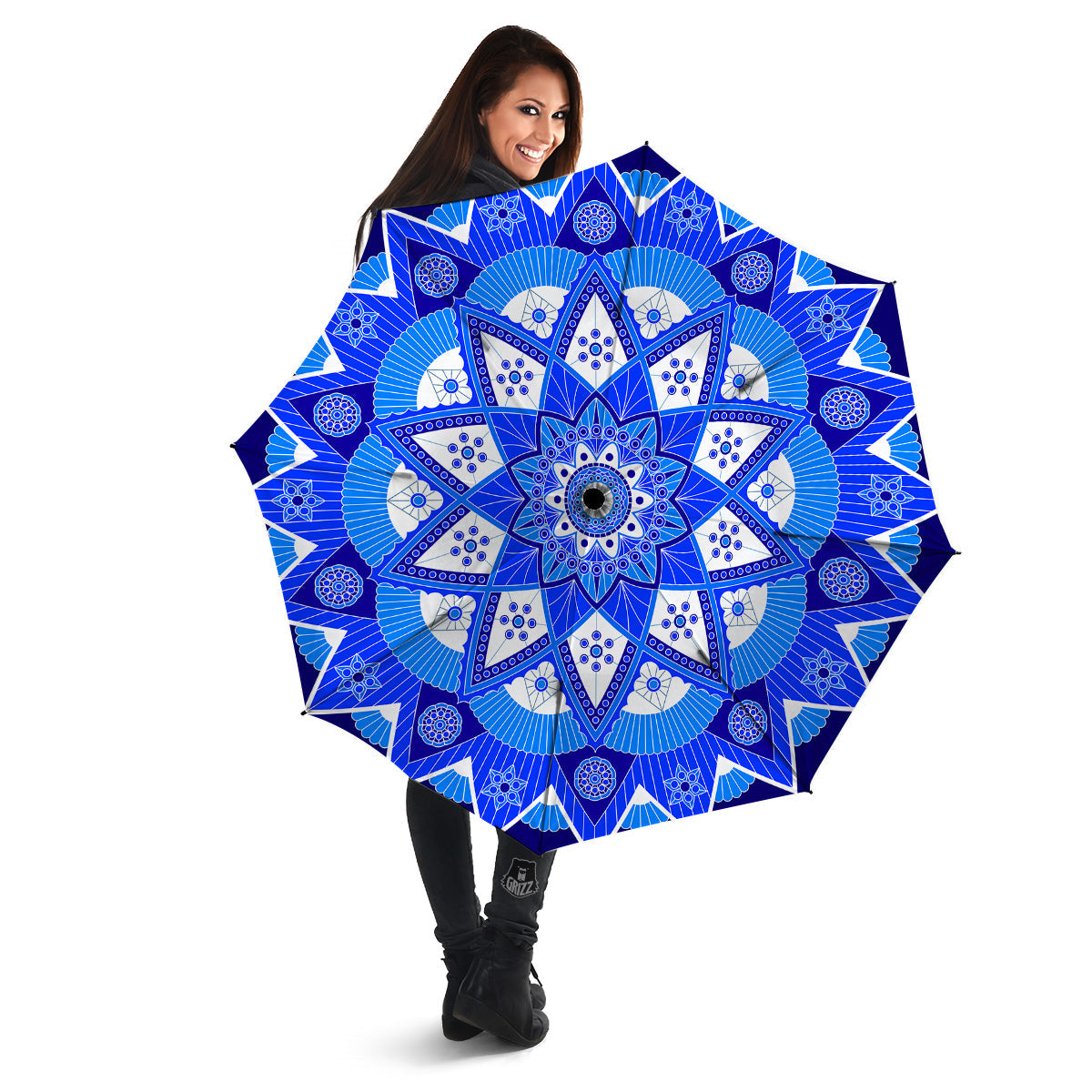 Bohemian Mandala White And Blue Print Umbrella-grizzshop