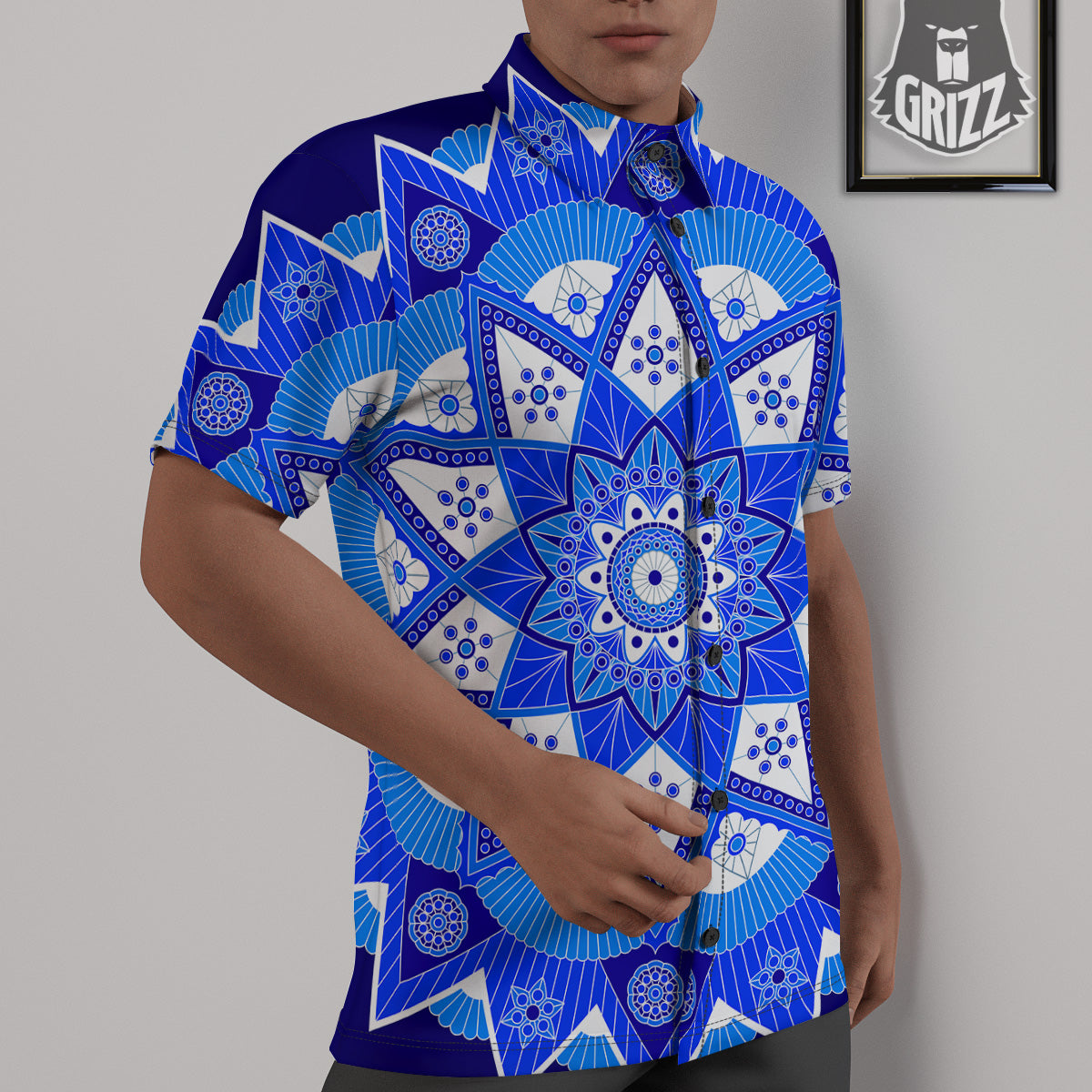 Bohemian Mandala White And Blue Print Untucked Shirts-grizzshop