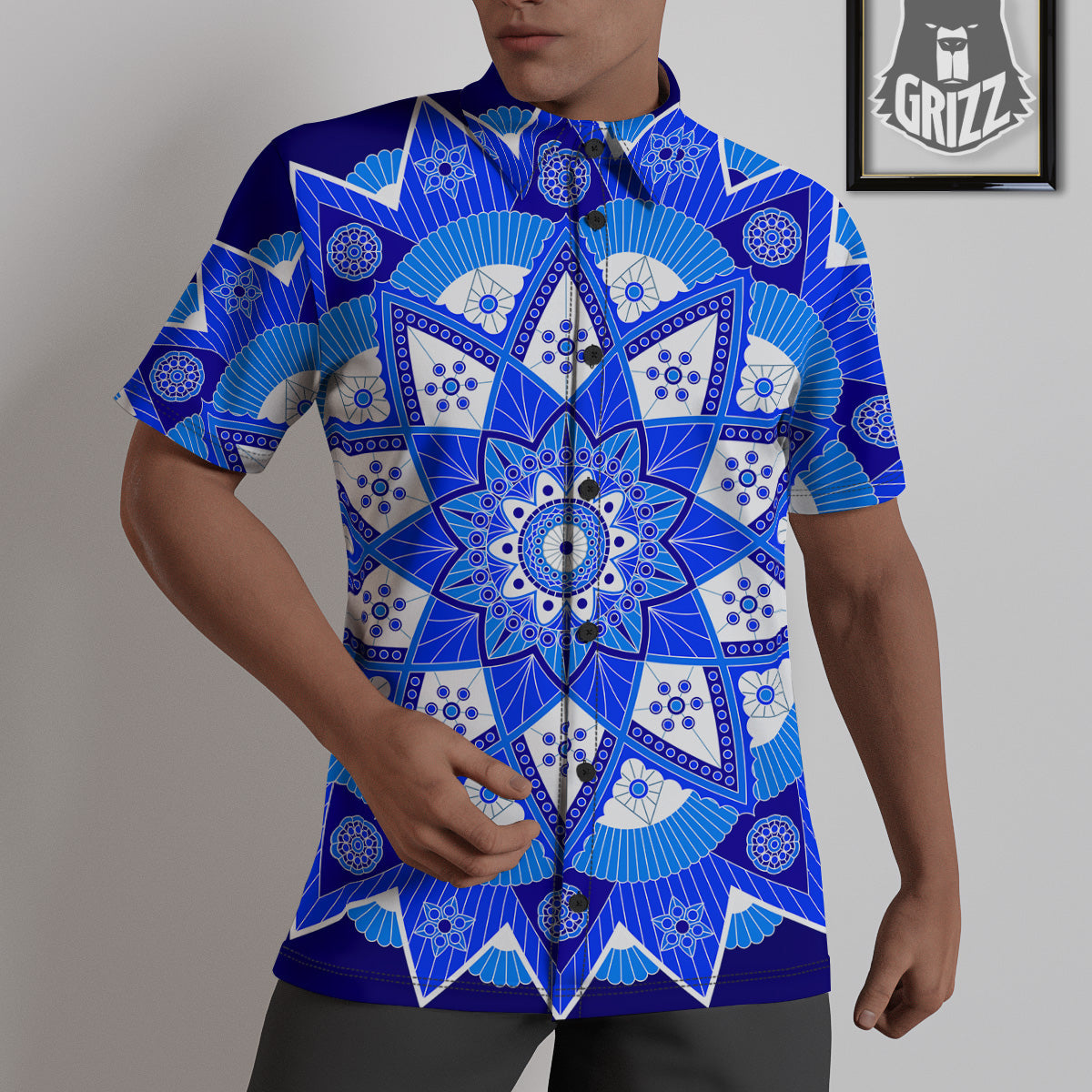 Bohemian Mandala White And Blue Print Untucked Shirts-grizzshop