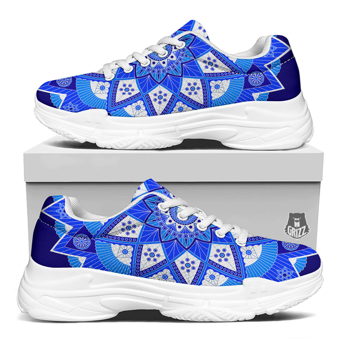 Bohemian Mandala White And Blue Print White Chunky Shoes-grizzshop