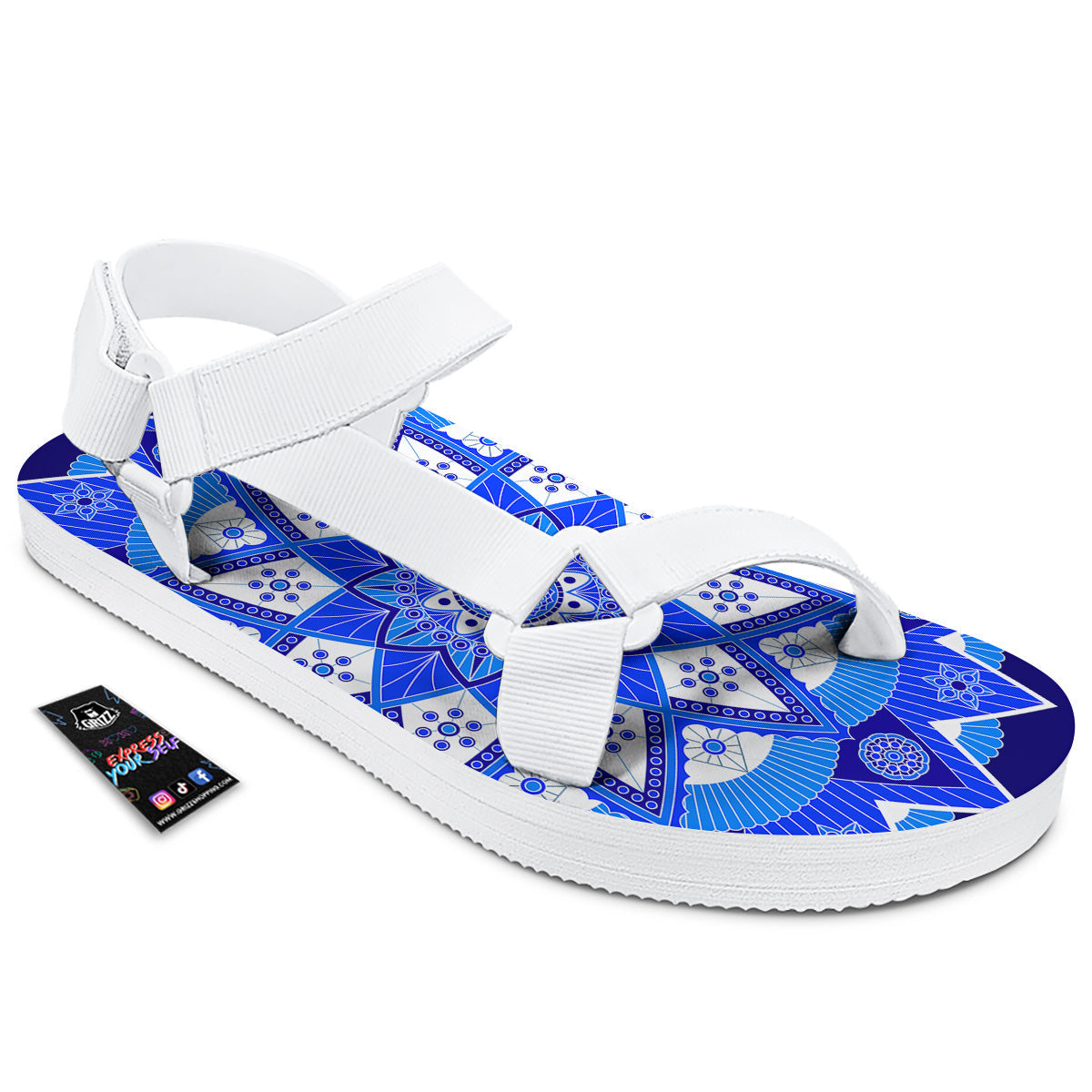 Bohemian Mandala White And Blue Print White Open Toe Sandals-grizzshop